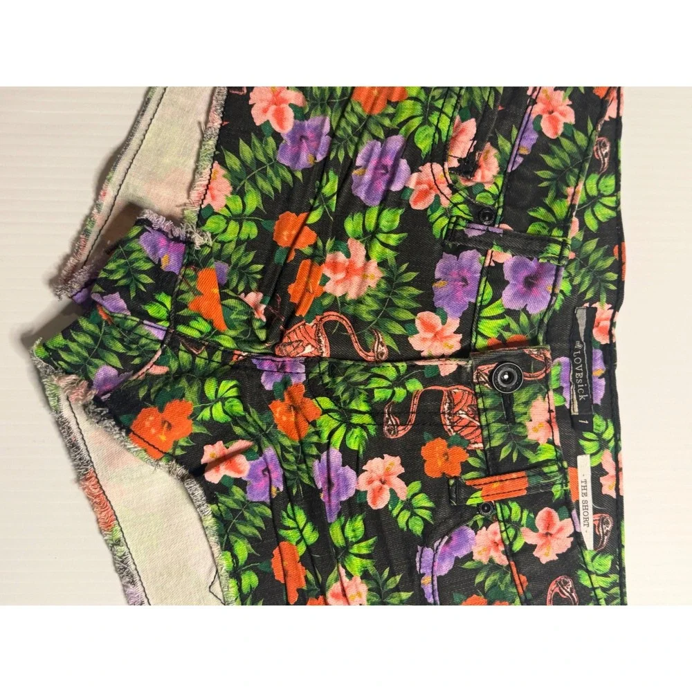 Lovesick Denim Shorts Black Floral Flamingo Tropical Cut Off Raw Hem 1 Women‎